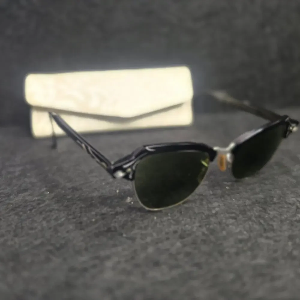Vintage Bausch & Lomb Cat Eye Sunglasses Etched Aluminum Browline 1950s Case &